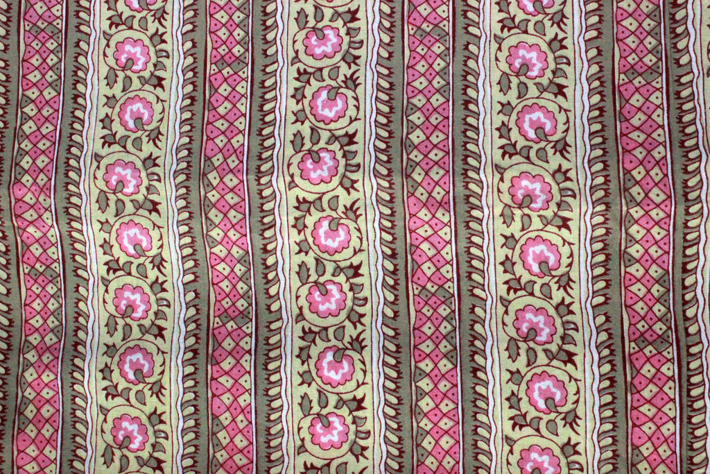 Floral Cotton Fabric: Yellow & Pink Hand Block Print Indian Fabric