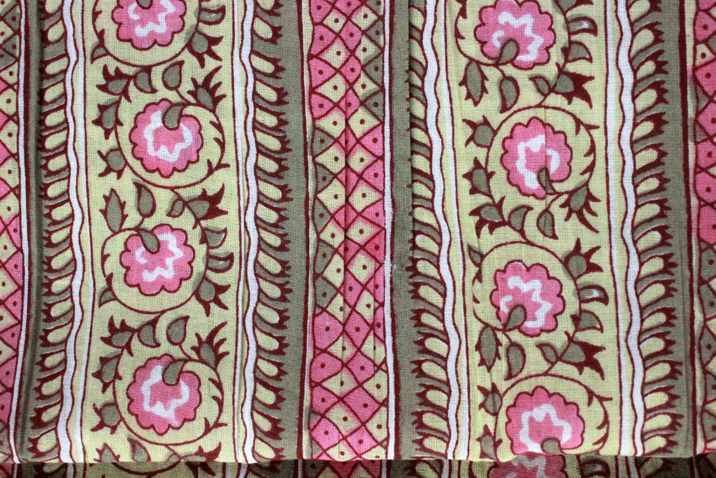 Floral Cotton Fabric: Yellow & Pink Hand Block Print Indian Fabric