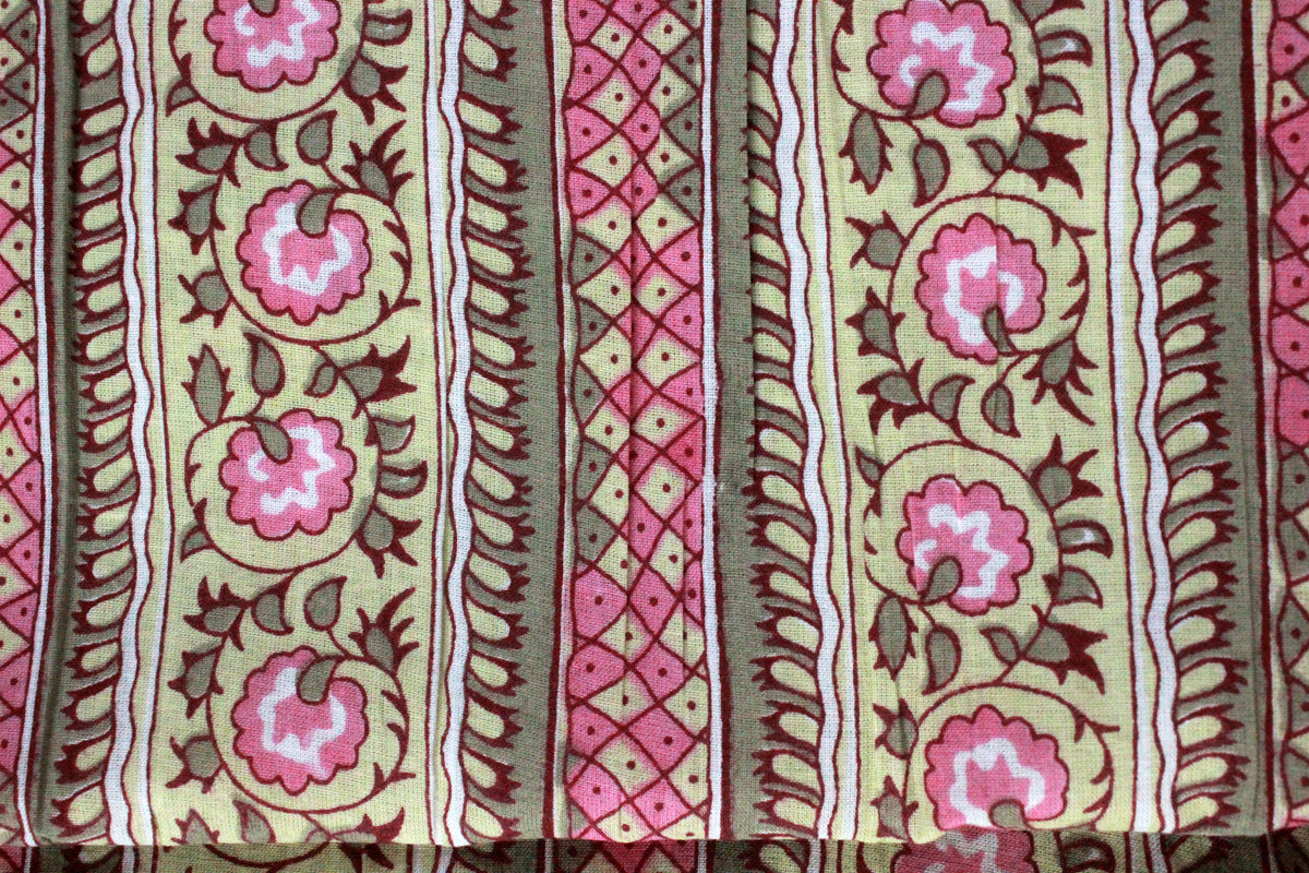 Floral Cotton Fabric: Yellow & Pink Hand Block Print Indian Fabric