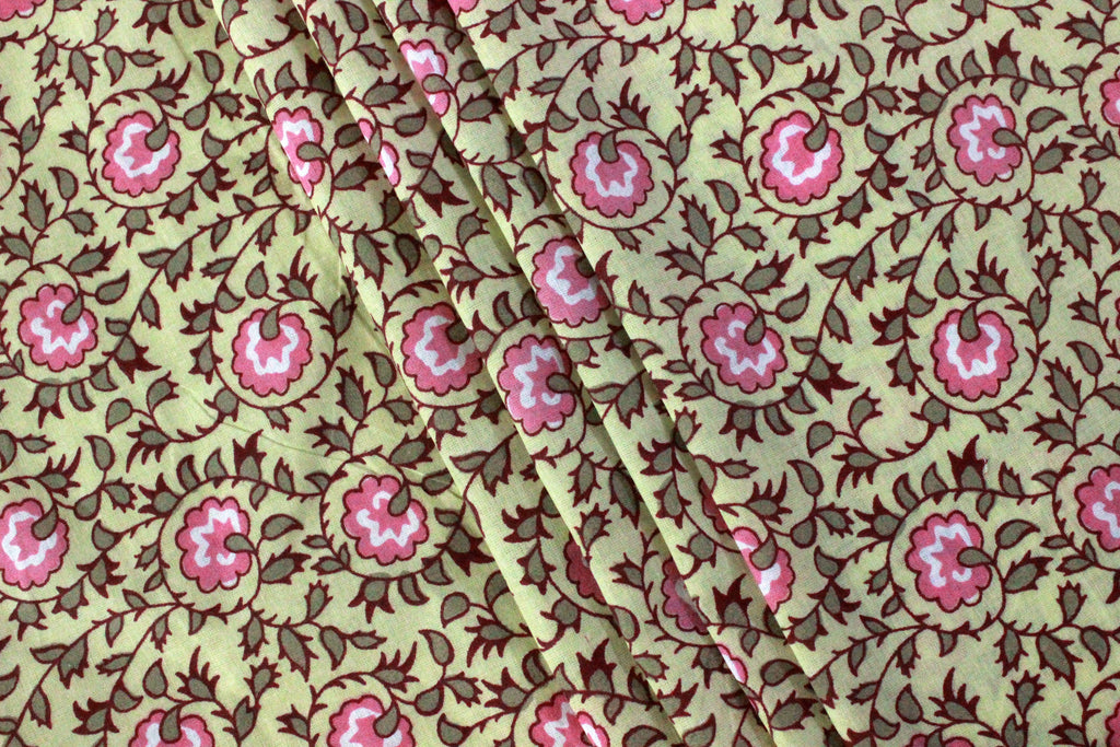 Floral Cotton Fabric: Yellow & Pink Hand Block Print, Indian Fabric by the Yard