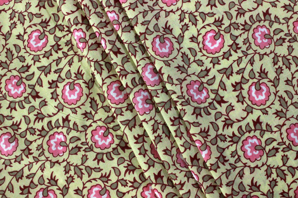 Floral Cotton Fabric: Yellow & Pink Hand Block Print, Indian Fabric by the Yard