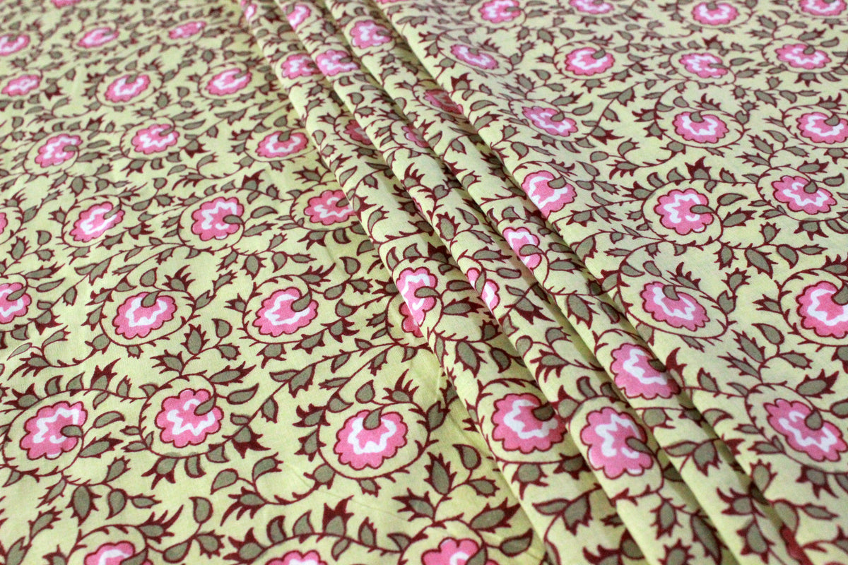 Floral Cotton Fabric: Yellow & Pink Hand Block Print, Indian Fabric by the Yard