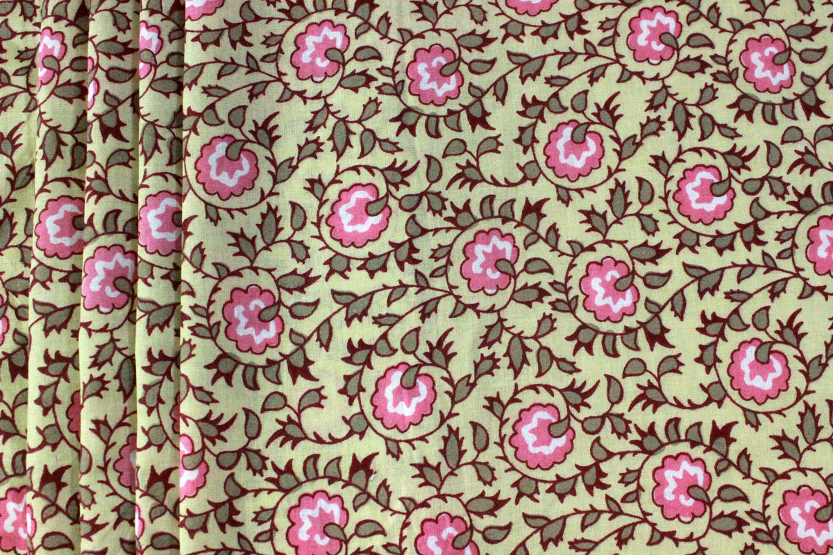 Floral Cotton Fabric: Yellow & Pink Hand Block Print, Indian Fabric by the Yard