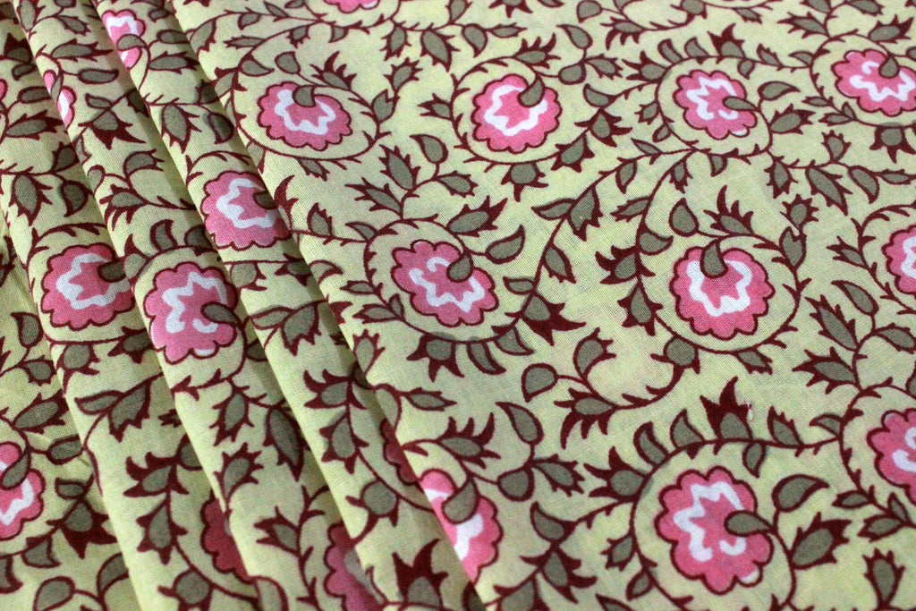 Floral Cotton Fabric: Yellow & Pink Hand Block Print, Indian Fabric by the Yard