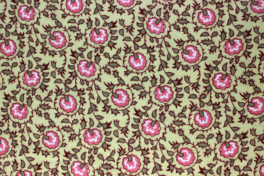 Floral Cotton Fabric: Yellow & Pink Hand Block Print, Indian Fabric by the Yard