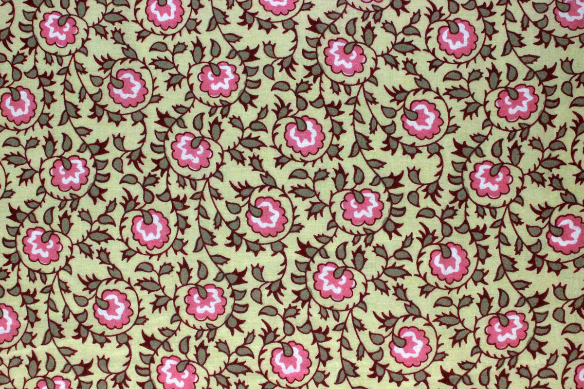 Floral Cotton Fabric: Yellow & Pink Hand Block Print, Indian Fabric by the Yard