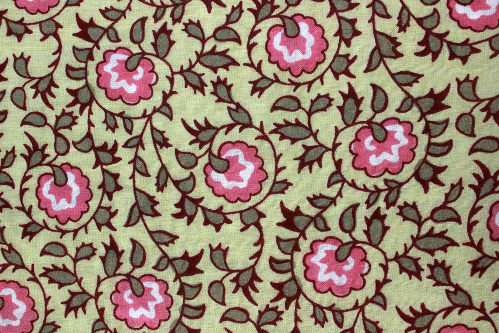 Floral Cotton Fabric: Yellow & Pink Hand Block Print, Indian Fabric by the Yard