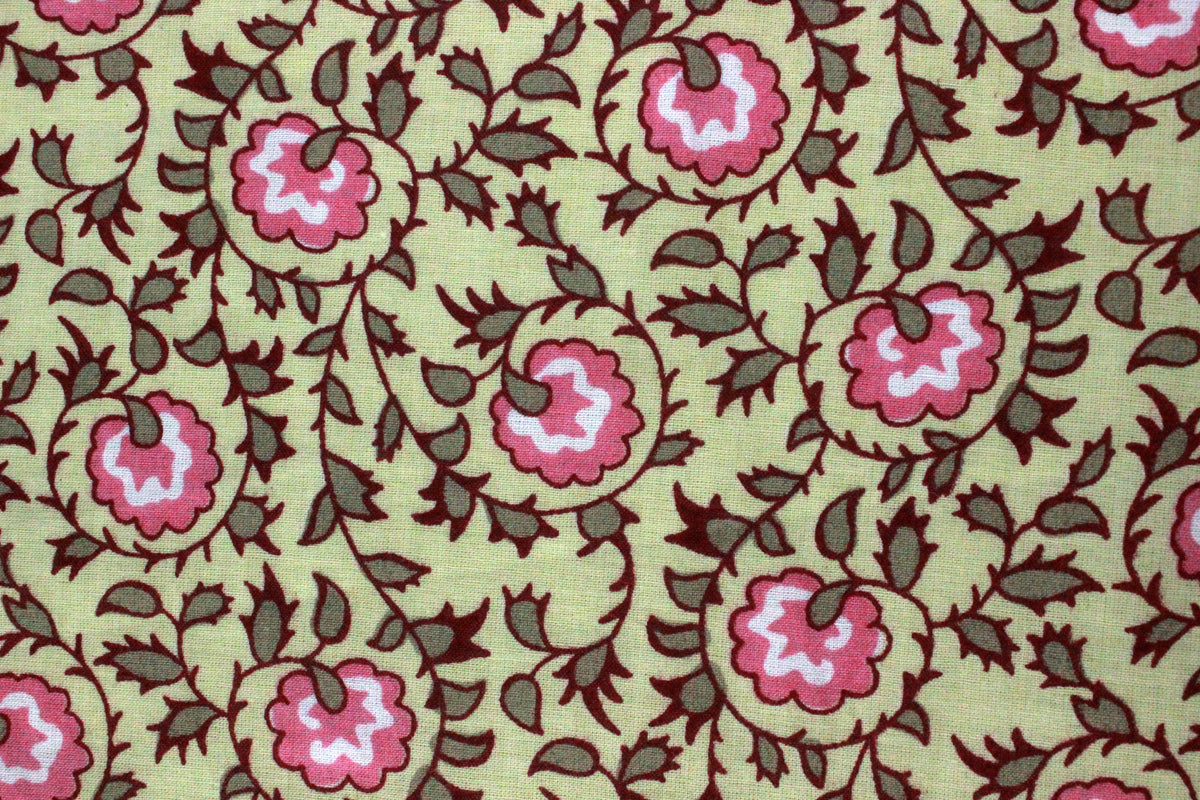 Floral Cotton Fabric: Yellow & Pink Hand Block Print, Indian Fabric by the Yard