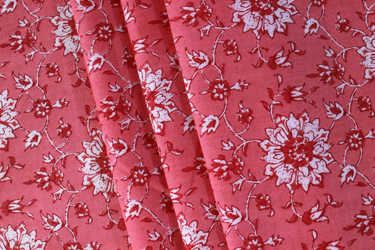 Pink Floral Cotton Fabric: Hand Block Print Indian Fabric By The Yard