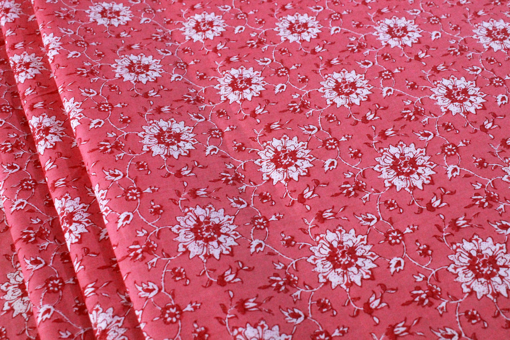 Pink Floral Cotton Fabric: Hand Block Print Indian Fabric By The Yard