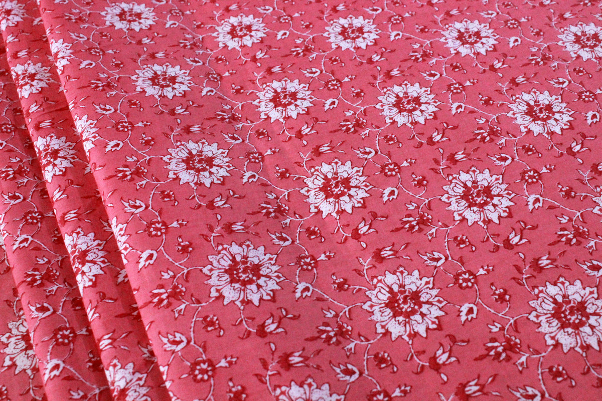 Pink Floral Cotton Fabric: Hand Block Print Indian Fabric By The Yard