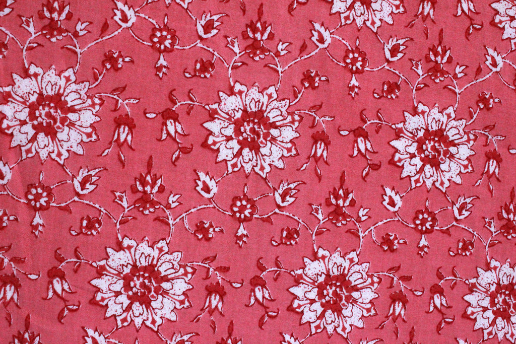 Pink Floral Cotton Fabric: Hand Block Print Indian Fabric By The Yard