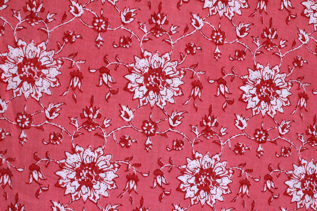 Pink Floral Cotton Fabric: Hand Block Print Indian Fabric By The Yard