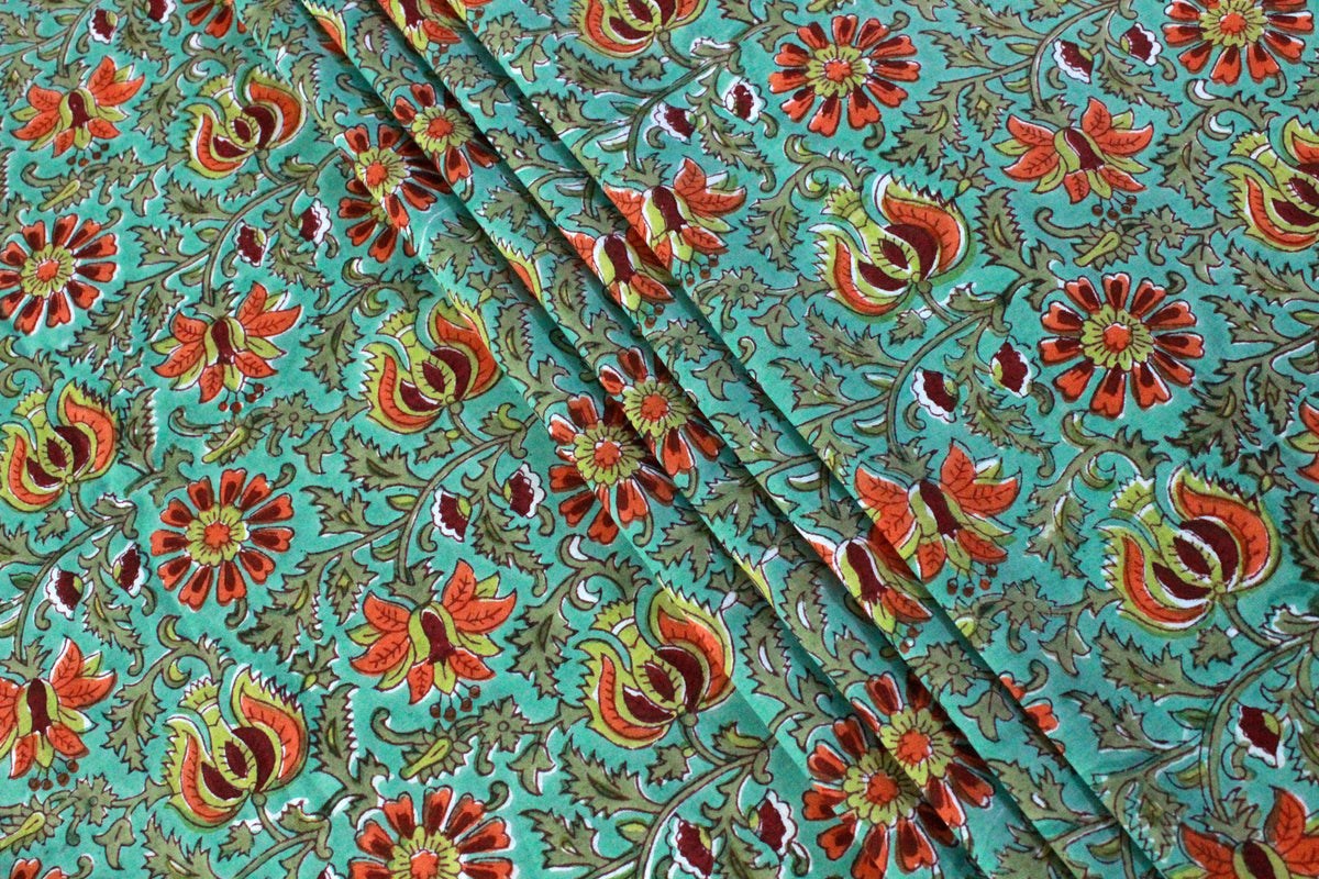 Floral Block Print Cotton Fabric: Green & Red Indian Cloth