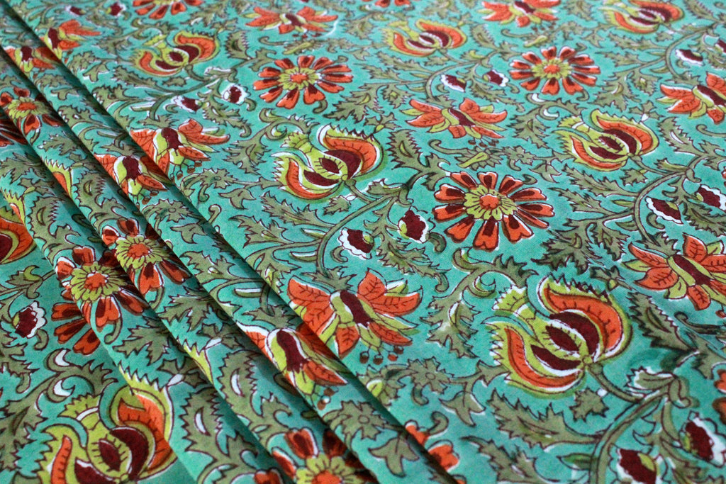 Floral Block Print Cotton Fabric: Green & Red Indian Cloth