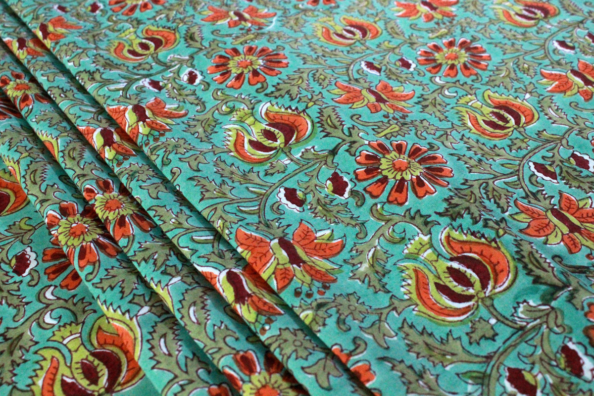 Floral Block Print Cotton Fabric: Green & Red Indian Cloth