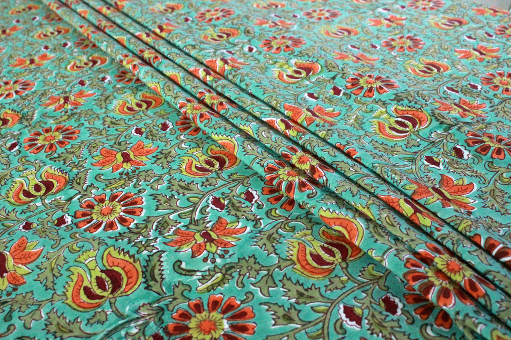 Floral Block Print Cotton Fabric: Green & Red Indian Cloth