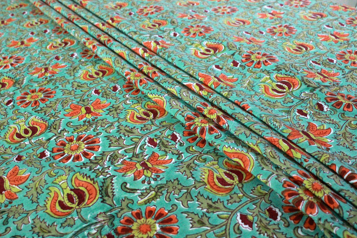Floral Block Print Cotton Fabric: Green & Red Indian Cloth