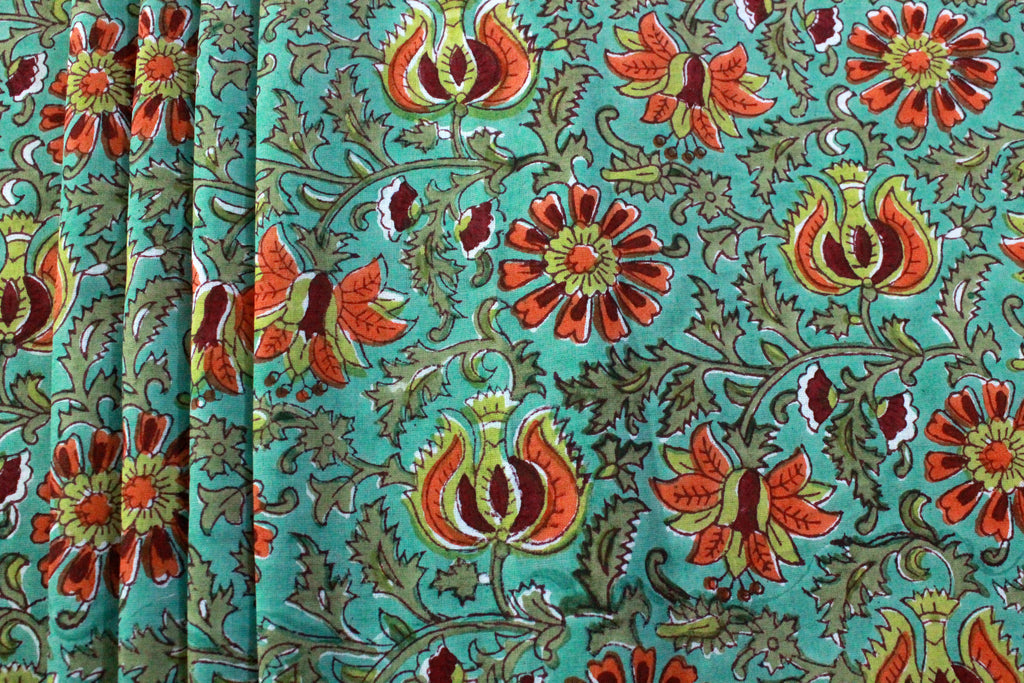 Floral Block Print Cotton Fabric: Green & Red Indian Cloth