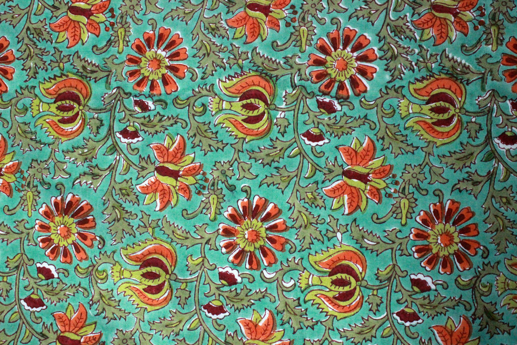 Floral Block Print Cotton Fabric: Green & Red Indian Cloth