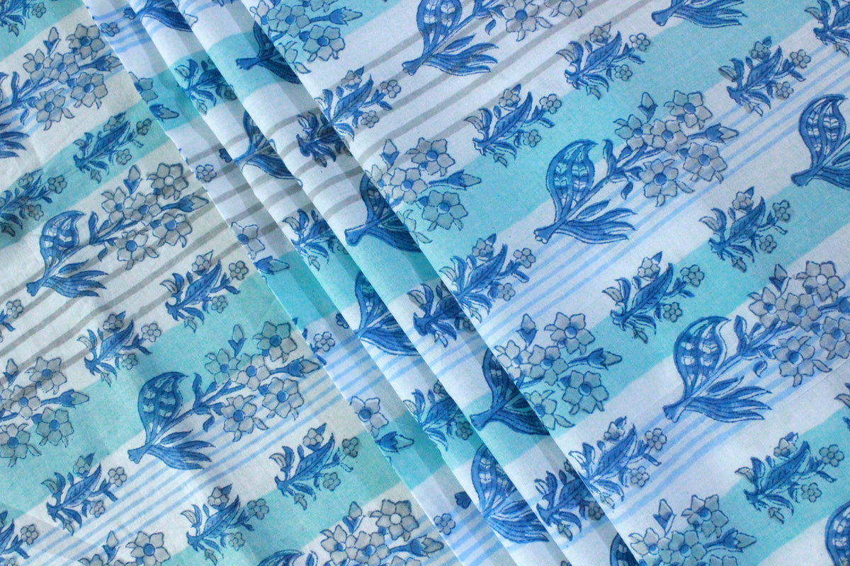 Blue Floral Hand Block Print Cotton Fabric - Indian Mughal Design