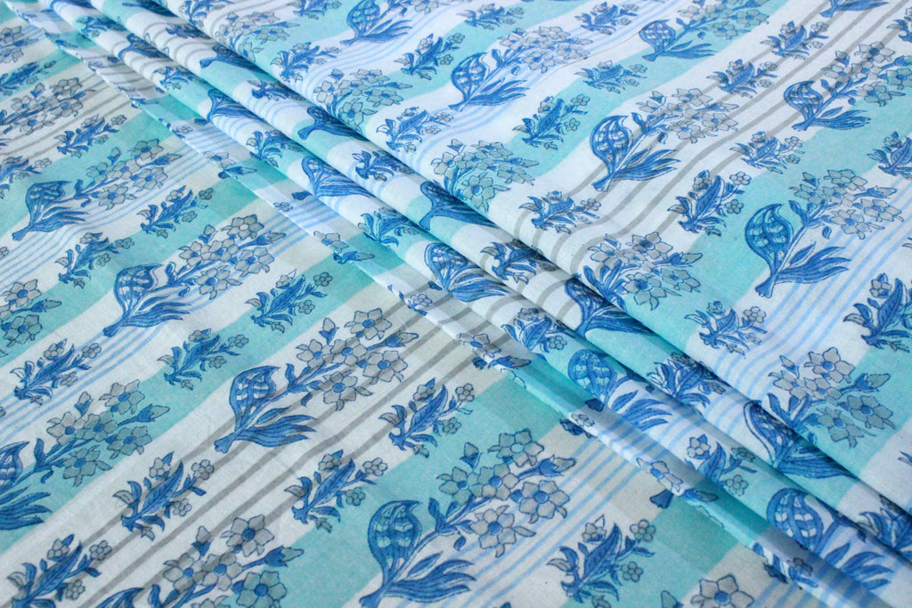 Blue Floral Hand Block Print Cotton Fabric - Indian Mughal Design