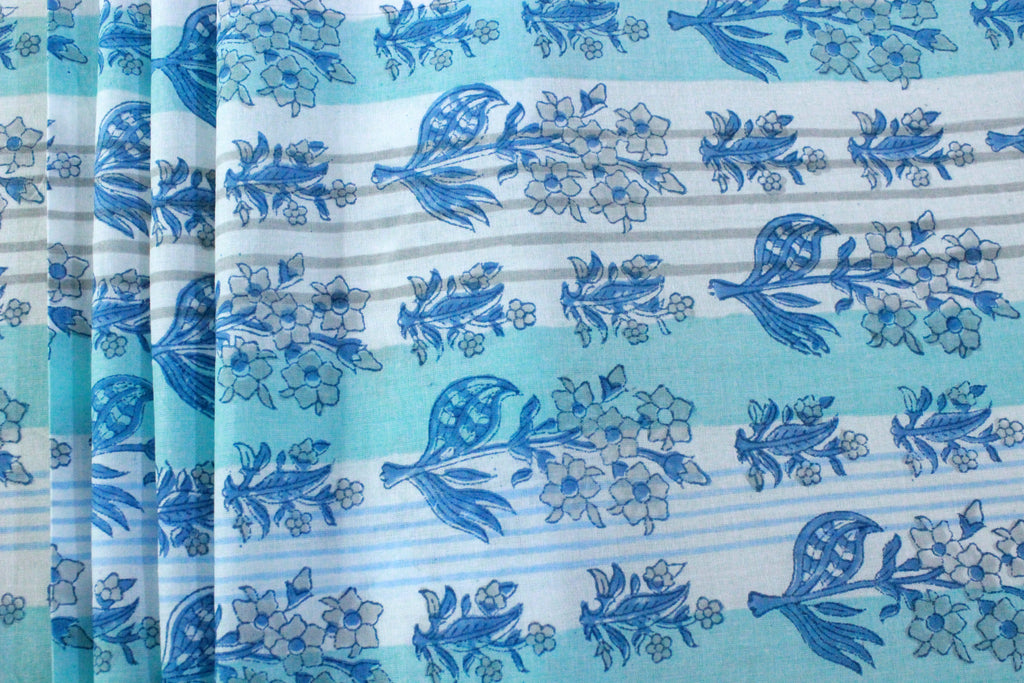 Blue Floral Hand Block Print Cotton Fabric - Indian Mughal Design