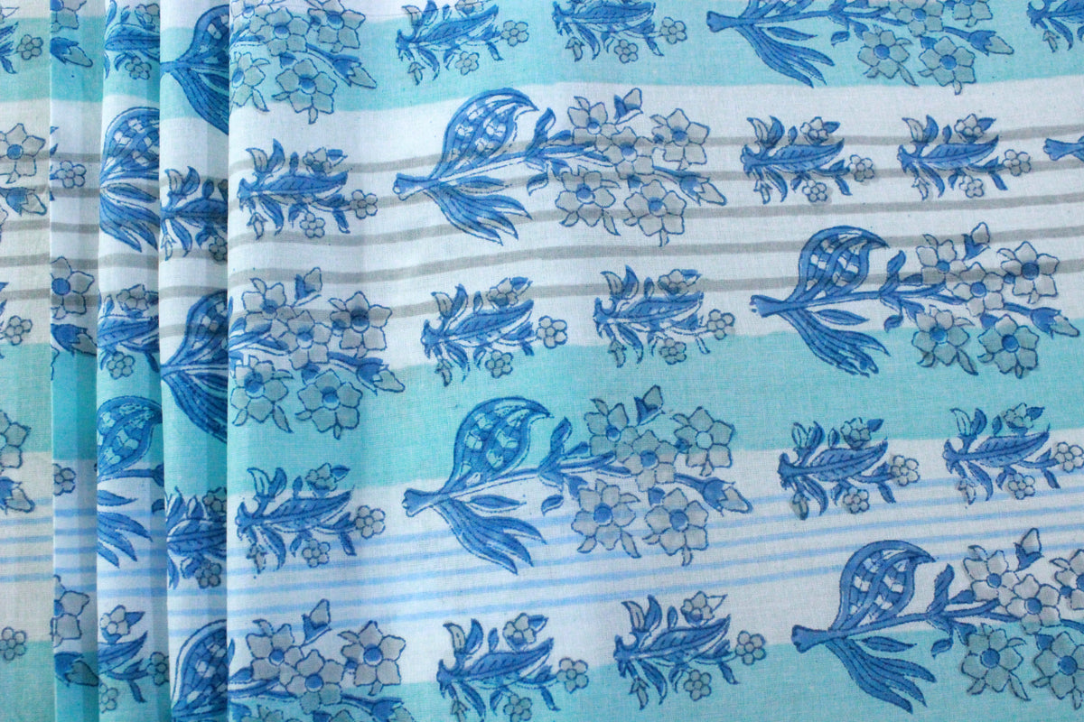 Blue Floral Hand Block Print Cotton Fabric - Indian Mughal Design