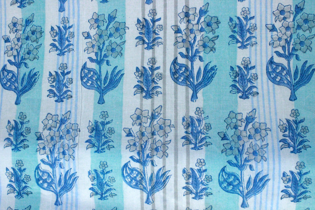 Blue Floral Hand Block Print Cotton Fabric - Indian Mughal Design