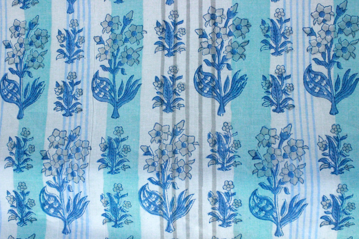 Blue Floral Hand Block Print Cotton Fabric - Indian Mughal Design