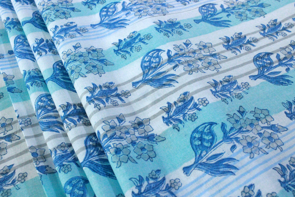 Blue Floral Hand Block Print Cotton Fabric - Indian Mughal Design