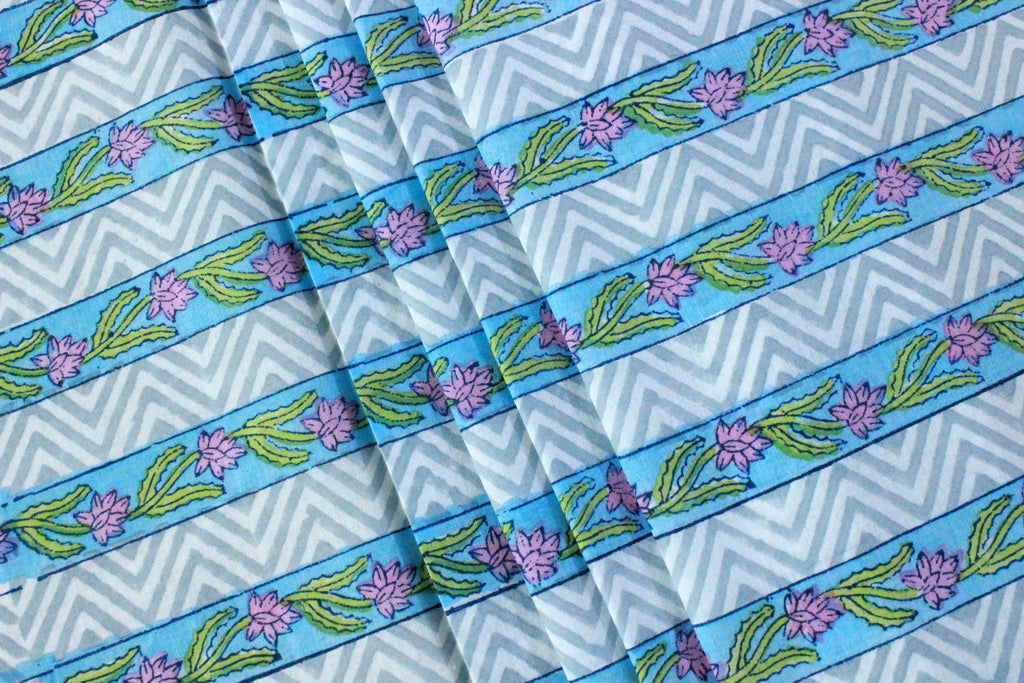 Blue Floral Hand Block Print Cotton Fabric - Indian Mughal Design