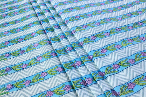 Blue Floral Hand Block Print Cotton Fabric - Indian Mughal Design
