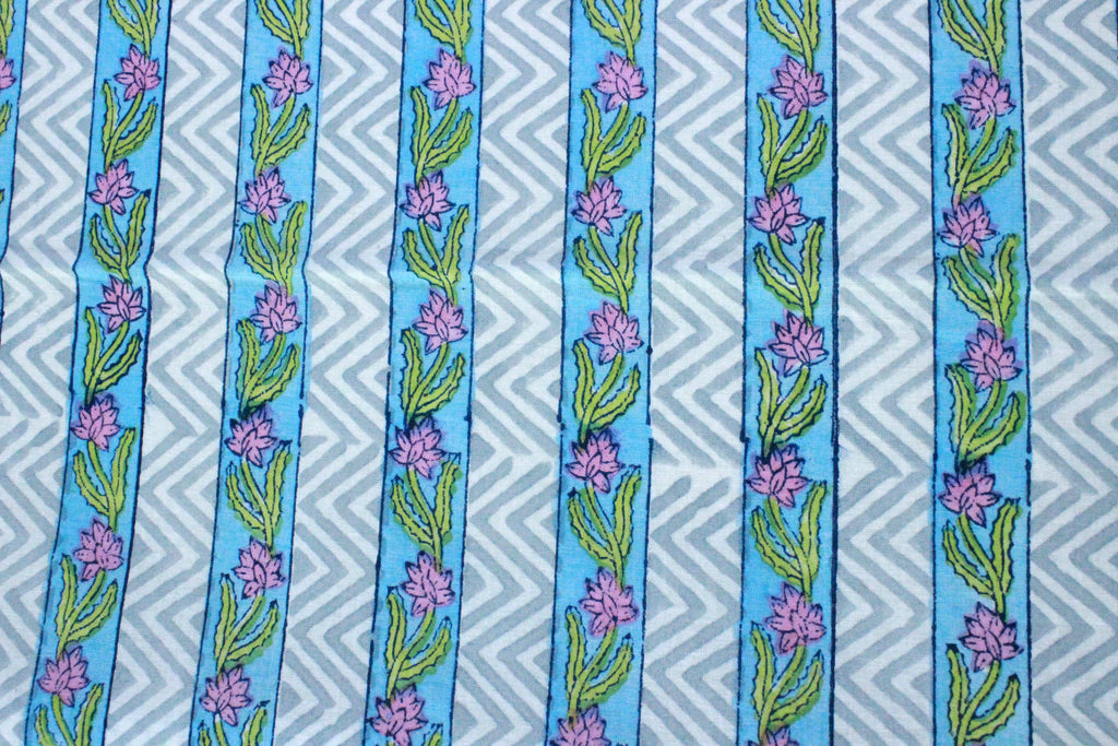 Blue Floral Hand Block Print Cotton Fabric - Indian Mughal Design