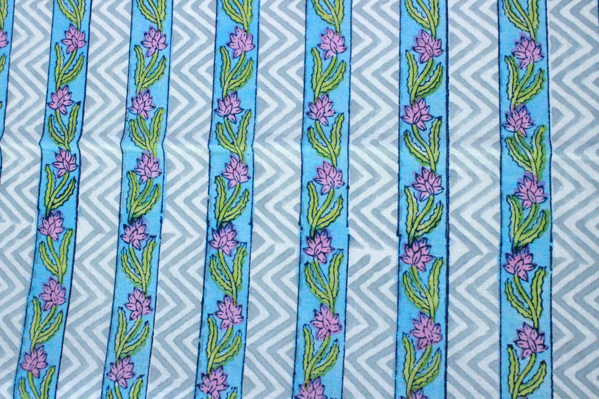 Blue Floral Hand Block Print Cotton Fabric - Indian Mughal Design