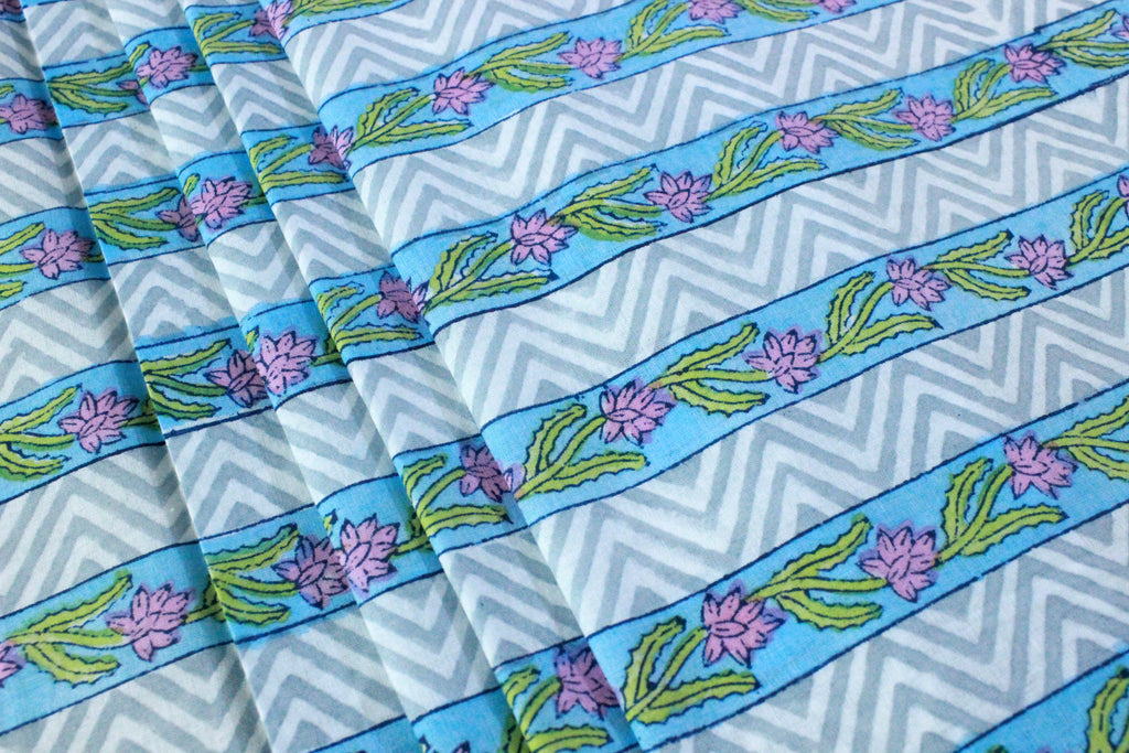 Blue Floral Hand Block Print Cotton Fabric - Indian Mughal Design