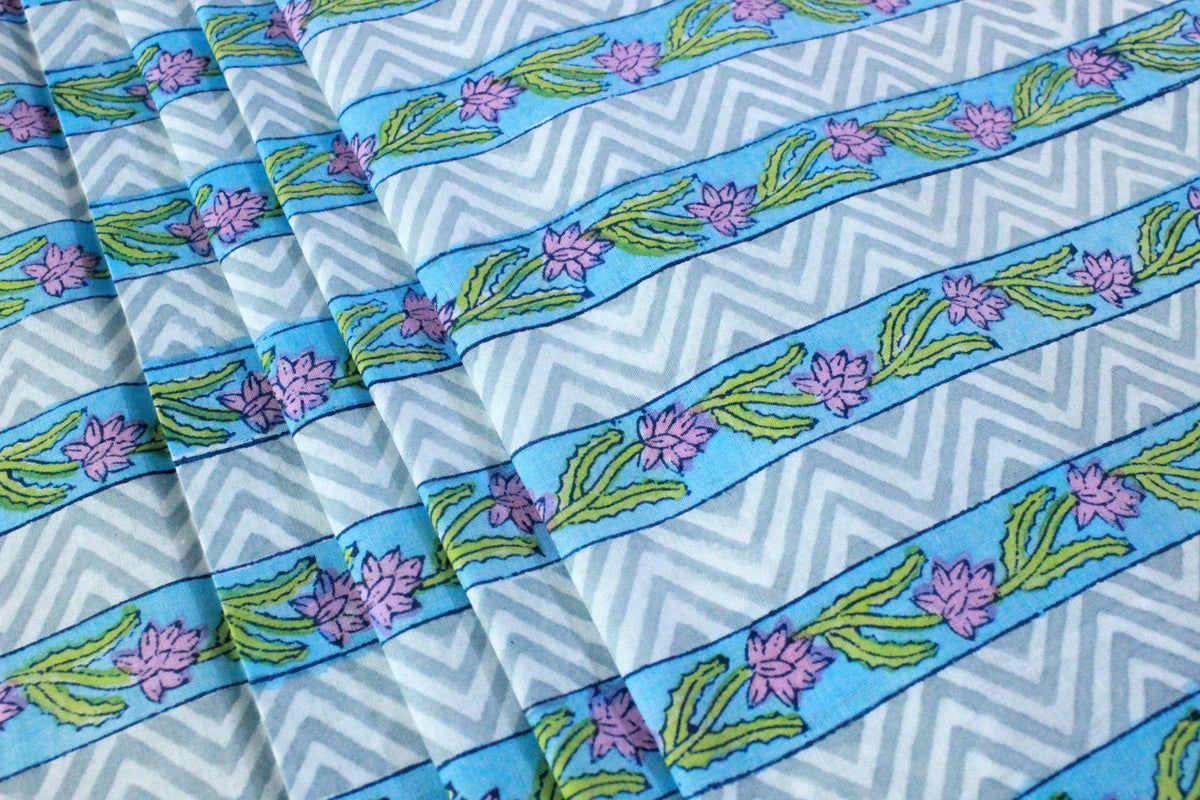 Blue Floral Hand Block Print Cotton Fabric - Indian Mughal Design