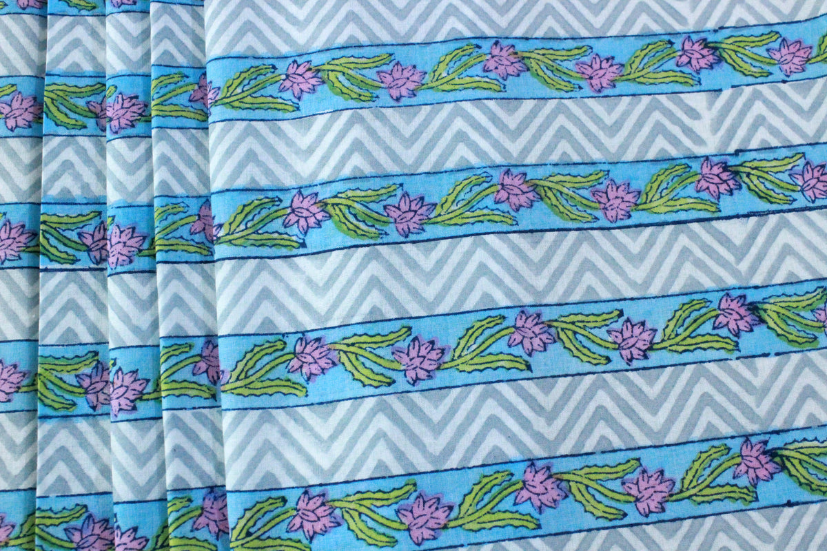 Blue Floral Hand Block Print Cotton Fabric - Indian Mughal Design