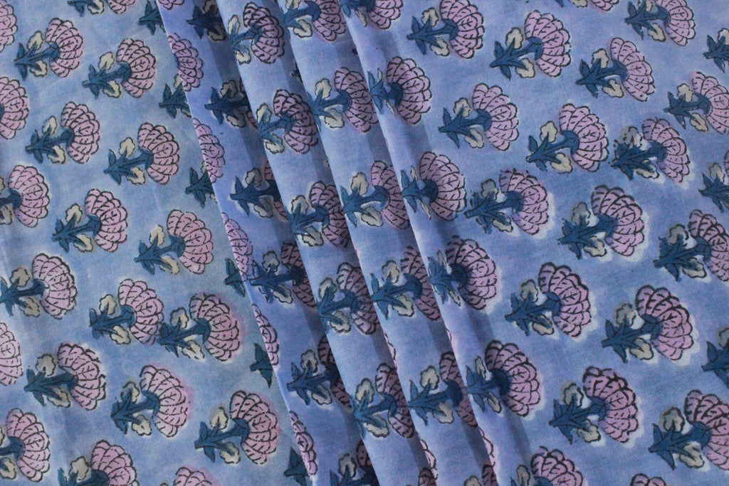 Hand Block Print Cotton Fabric: Purple & Pink Floral Indian Fabric