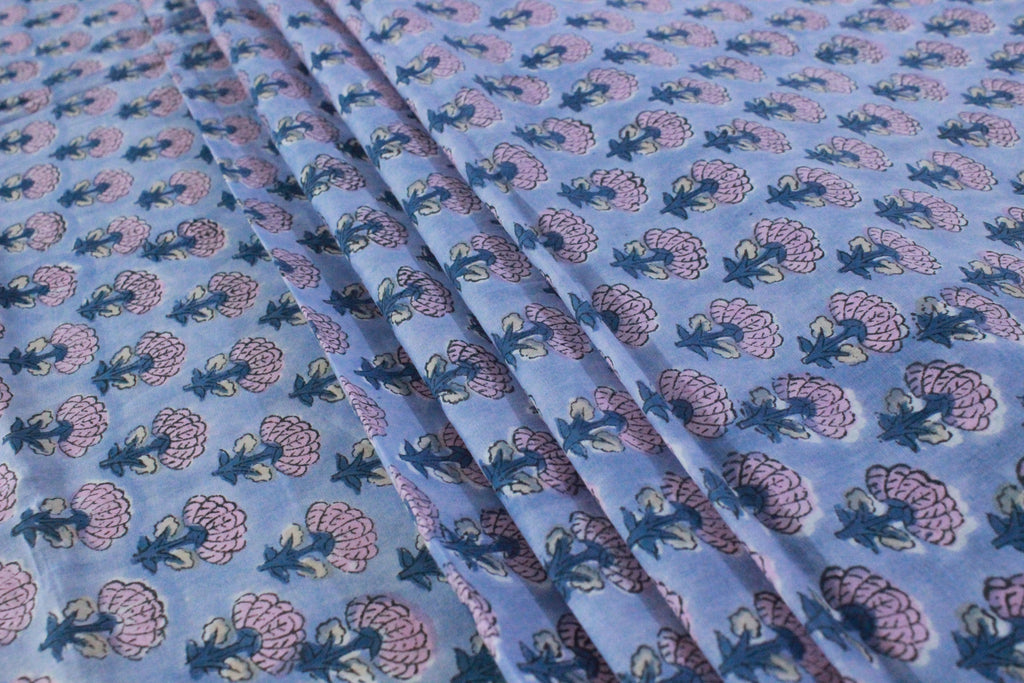 Hand Block Print Cotton Fabric: Purple & Pink Floral Indian Fabric