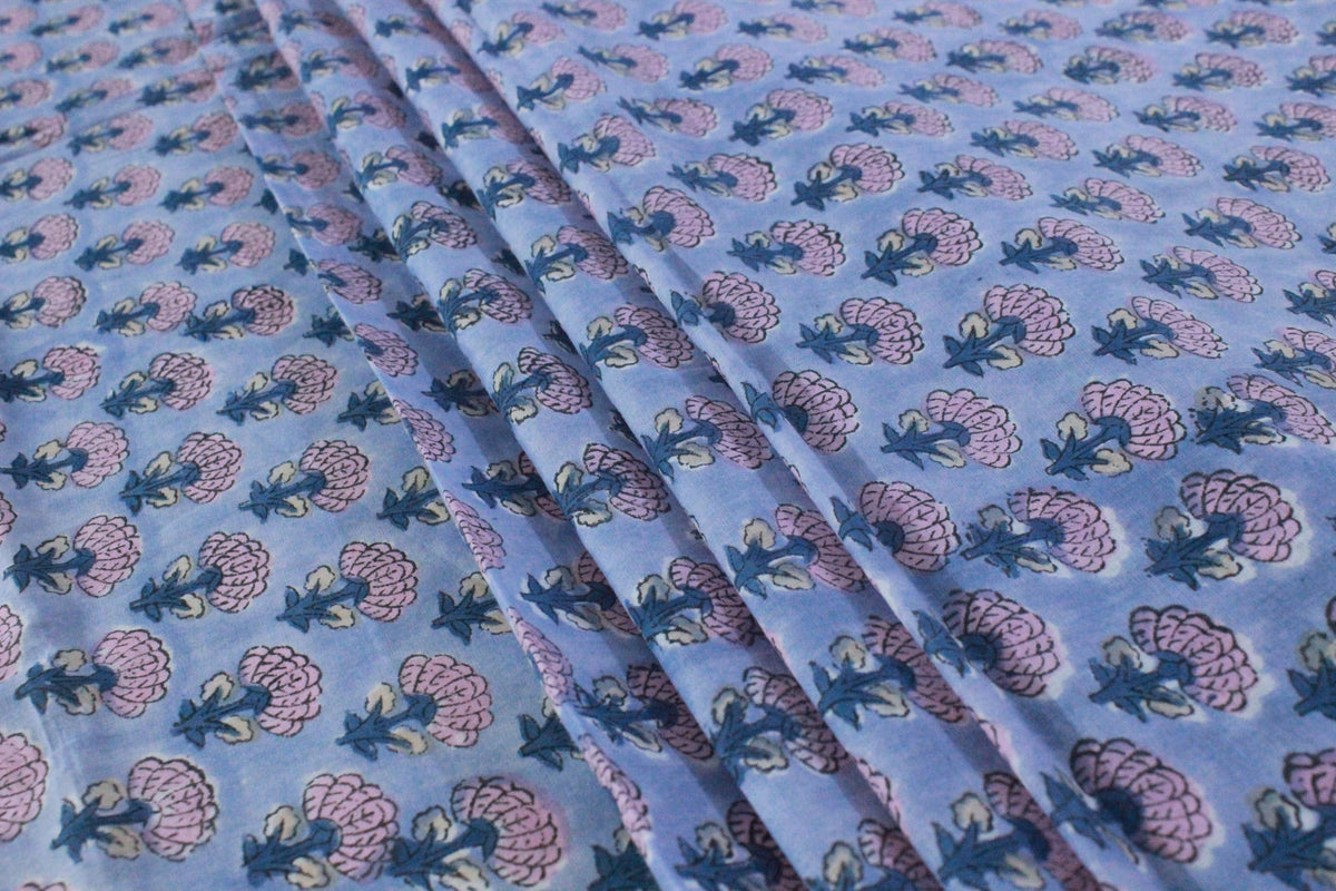 Hand Block Print Cotton Fabric: Purple & Pink Floral Indian Fabric