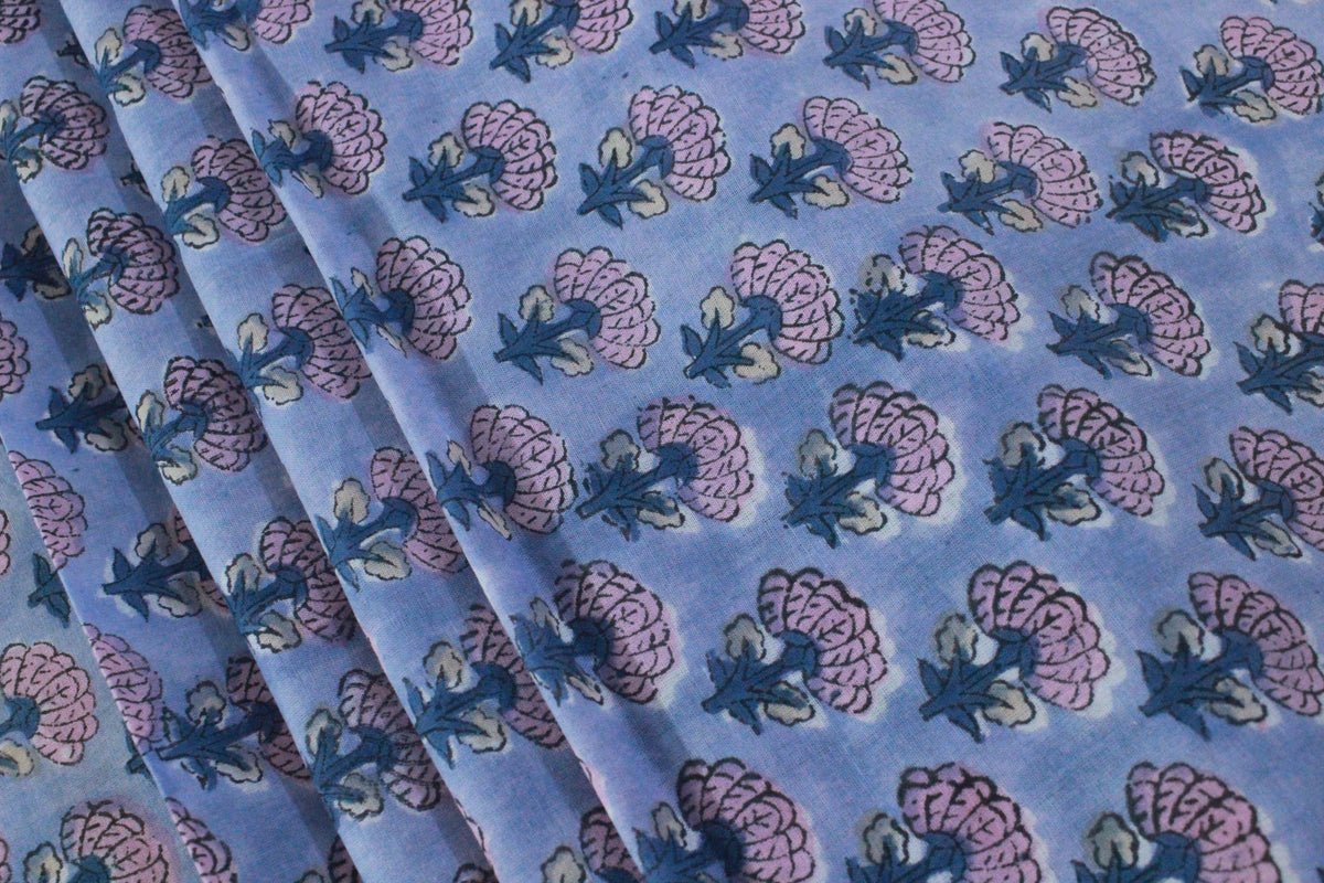 Hand Block Print Cotton Fabric: Purple & Pink Floral Indian Fabric