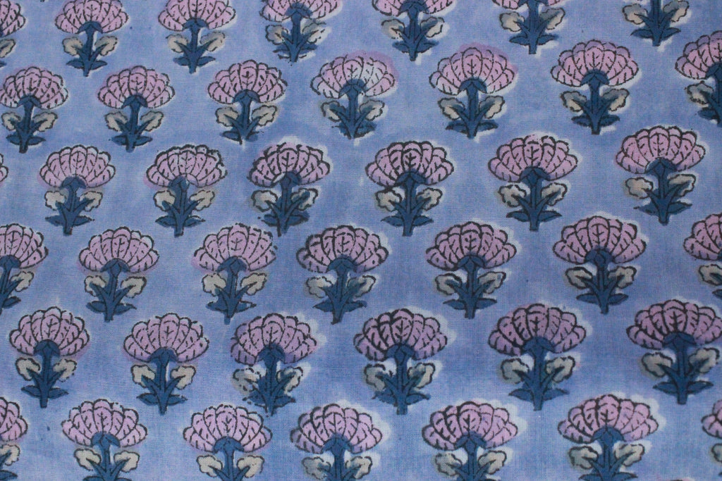 Hand Block Print Cotton Fabric: Purple & Pink Floral Indian Fabric