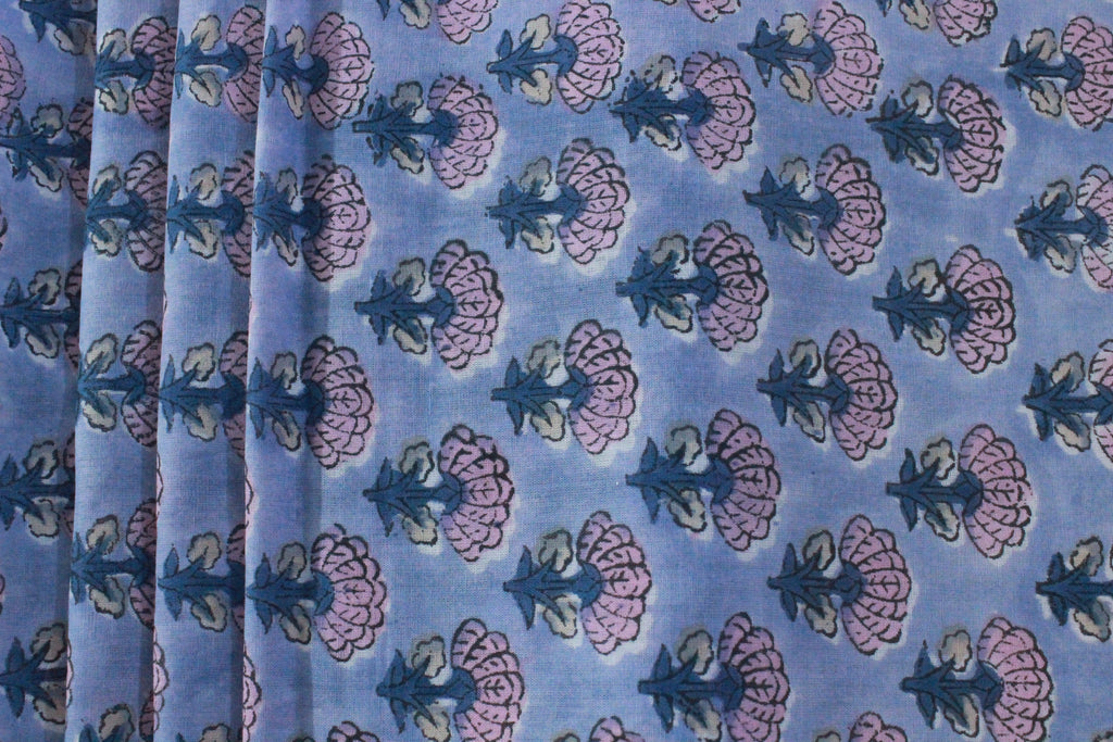 Hand Block Print Cotton Fabric: Purple & Pink Floral Indian Fabric