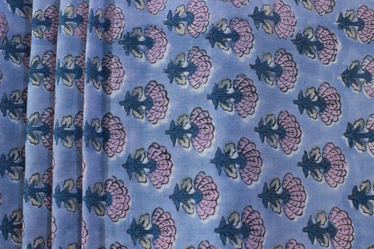 Hand Block Print Cotton Fabric: Purple & Pink Floral Indian Fabric
