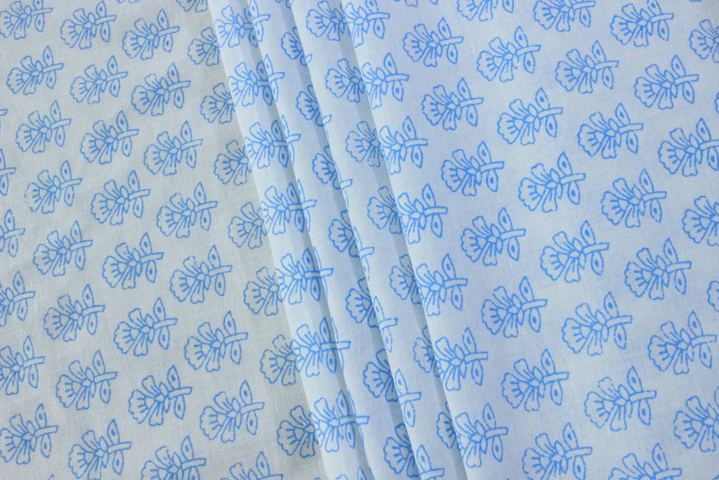 Blue Floral Hand Block Print Cotton Fabric - Indian Mughal Design