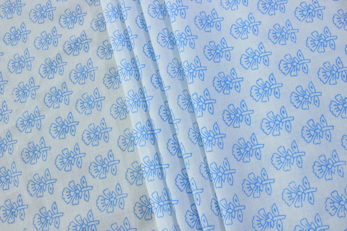 Blue Floral Hand Block Print Cotton Fabric - Indian Mughal Design