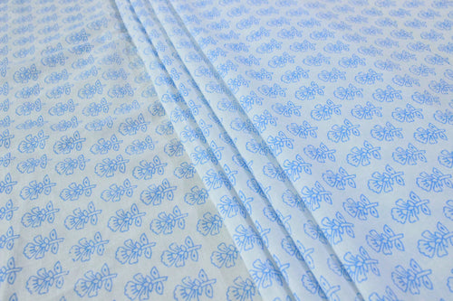 Blue Floral Hand Block Print Cotton Fabric - Indian Mughal Design
