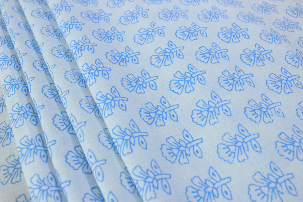 Blue Floral Hand Block Print Cotton Fabric - Indian Mughal Design