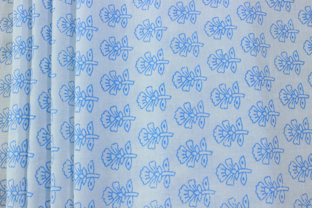 Blue Floral Hand Block Print Cotton Fabric - Indian Mughal Design